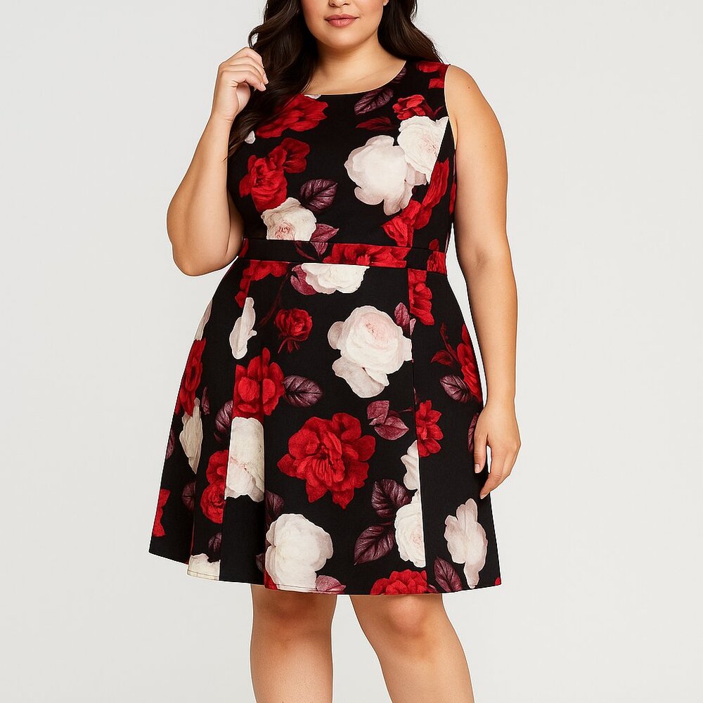 NEW black red Fit & Flare floral sleeveless date night work NWT Dress  16 Curvy